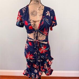 C Brand Blue Dress with Red and White Floral Design